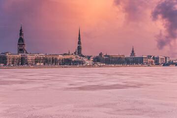 Frozen River next to Riga, Latvia in mid Winter Sunset