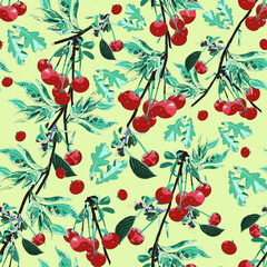 Cherry berries and leaves on a green background. Seamless pattern.