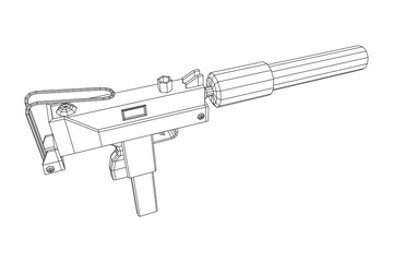 Submachine gun modern firearms pistol with silencer. Wireframe low poly mesh vector illustration.