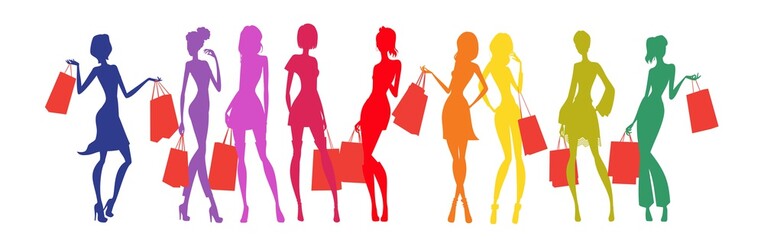 Fototapeta na wymiar Crowded ladies silhouettes and shopping bags. Colorful vector silhouette illustrations.