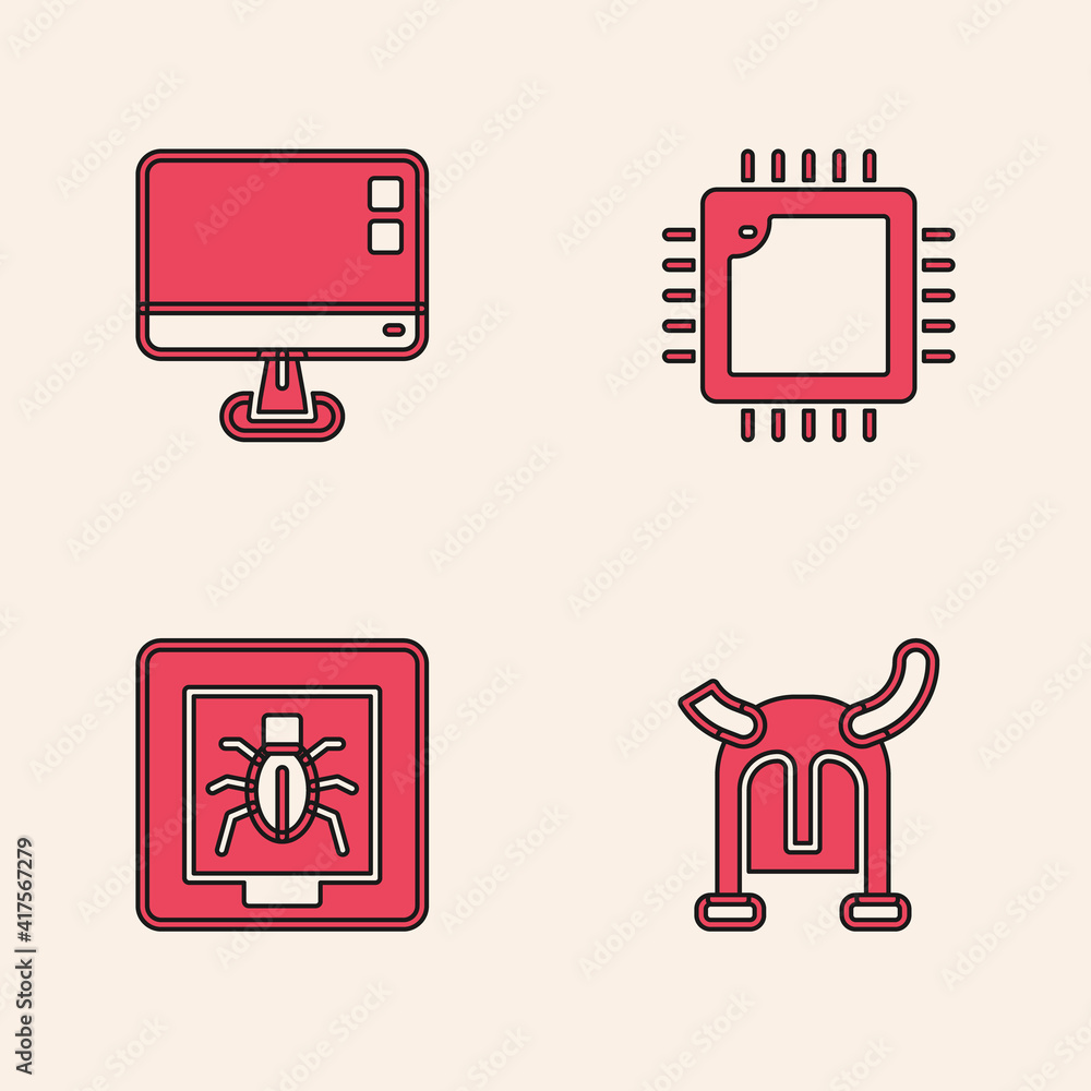 Poster set viking in horned helmet, computer monitor screen, processor with cpu and insects a frame icon. v