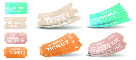 Set of cinema tickets isolated on white background. Retro style design. Ticket, coupon, pass. Cinema ticket realistic icon in flat style. Vector illustration