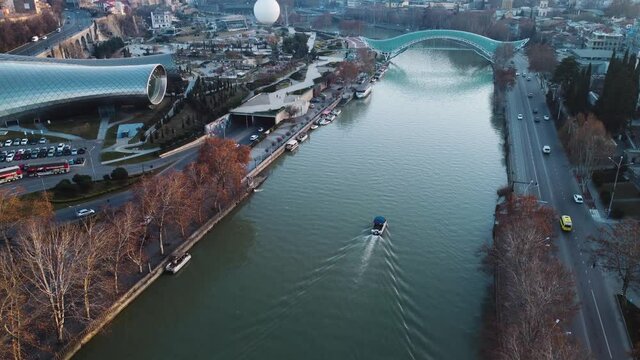 Motorboat In The City River Aerial