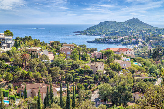 Picturesque view of Esterel Mountains Massif de l'Esterel, a town and Agay bay. Saint Raphael, Provence, Cote d'Azur, France.
