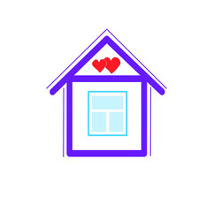 stay home icon, sticker symbol, beautiful house with window and heart icons