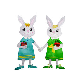 Easter bunny girls hold each other's hands and smile happily. They are holding pots of carrots and decorated eggs. Hand drawn watercolor painting on white background.