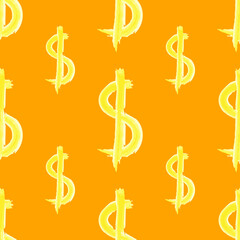 Dollar sign on a yellow background, texture for design, seamless pattern, vector illustration