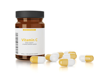 Vitamin C in a bottle isolated on white background