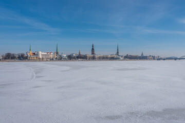 Obraz premium Frozen River next to Riga, Latvia in mid Winter