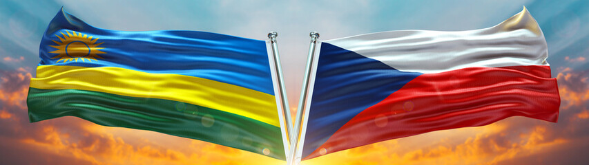 Rwanda Flag and Czech Republic Flag waving with texture Blue sky could and sunset Double flag