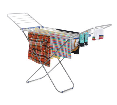 Modern Drying Rack With Clothes On White Background