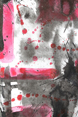 Black Ink Wash and Ink Splatter With Watercolor Color Paint on White Background
