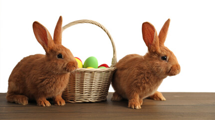 Cute bunnies and basket with Easter eggs on table against white background