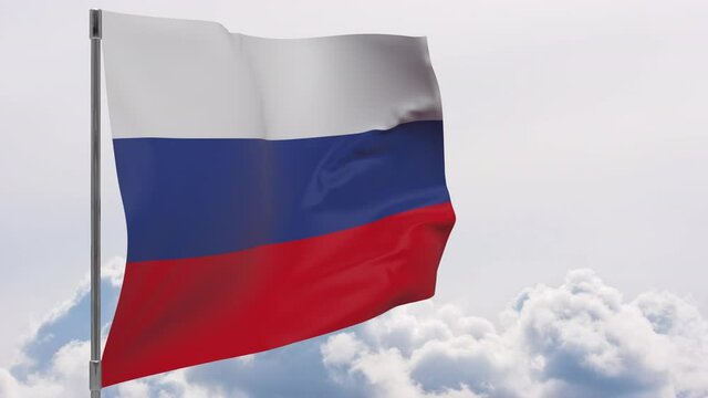 Russia flag on pole with sky background seamless loop 3d animation