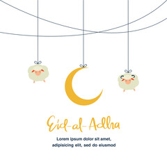 Eid AL Adha greeting flat illustration with cute sheep