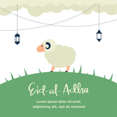 Eid AL Adha greeting flat illustration with cute sheep