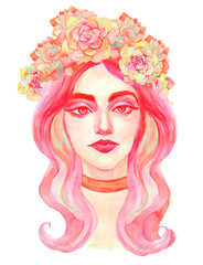 girl in wreath smiles. face portrait watercolor drawing female. woman on white background model with bright makeup and colored hair to the shoulders. beauty industry fashion illustration bright red