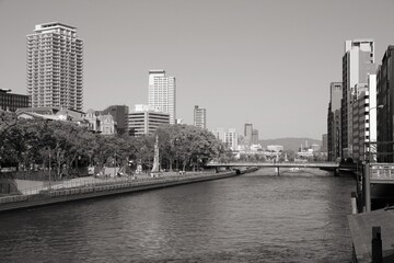 Fototapeta na wymiar Osaka city. Japan black and white.