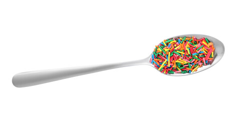 Fototapeta na wymiar Colorful sprinkles in spoon on white background, top view. Confectionery decor