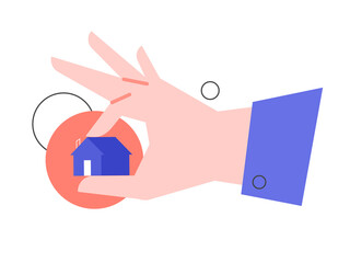 Hand holds a small house. Investments in real estate, personal property. Vector flat illustration.