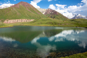 landscape of the lake in colourful mountains with reflection in day light with clouds 