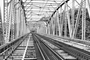 Railway in Japan - railway bridge. Japan black and white.