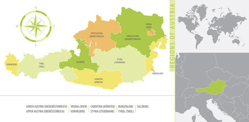 Detailed map of Austria with administrative divisions of the country, color vector illustration