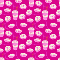 coffee with donuts seamless pattern. pink coffee cups and sweets. seamless texture with take away coffee.