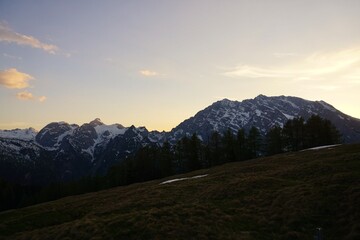 Silhouette of the mountains in the Bavarian Alps during sunset
