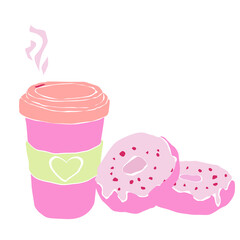 Coffee cup and donuts. Paper coffee cup. Takeaway coffee and sweets. Stock vector illustration. 