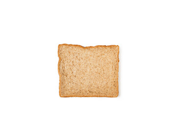 Una rebanada de pan integral sobre un fondo blanco liso y aislado. Vista superior y de cerca. Copy space
