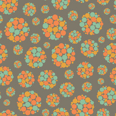 Abstract allium flower seedhead seamless vector pattern background. Midcentury modern color backdrop of seeds within large circle sphere shapes. Vintage floral botanical repeat for wellbeing