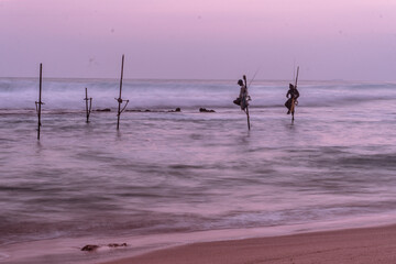 Lokalni tradycyjni rybacy wędkarze na palach w oceanie na tle zachodzącego słońca.