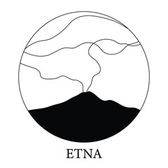 Etna eruption. Sicilian volcano. Isolated black and white illustration of an active volcano. Silhouette. Catania, Sicily, Italy - obrazy, fototapety, plakaty