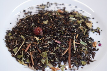 Green, black, herbal tea on a white background.