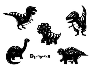 Collection of black dinosaurs isolated on white background. Dinosaurs icon set illustration. T-Rex, Stegosaurus, Brachiosaurus, Triceratops, Gargosaur. Flat cartoon colorful vector illustration.
