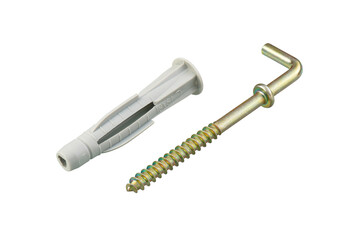 Plastic expansion plug with zinc plated steel hook L type, isolated, photo stacking