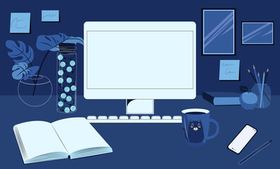 Student desktop with computer monitor in evening lighting. Flat vector illustration