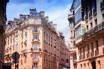 Paris city street view. France landmarks - Paris city, France. Filtered color style.