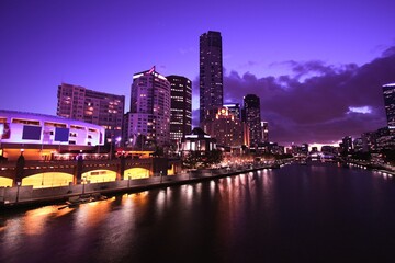 Melbourne city in Australia. Urban skyline of Melbourne. Night view of Melbourne.