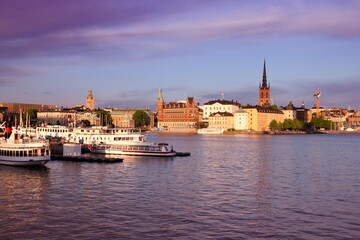Stockholm sunset cityscape. Stockholm landmarks. Filtered colors style.