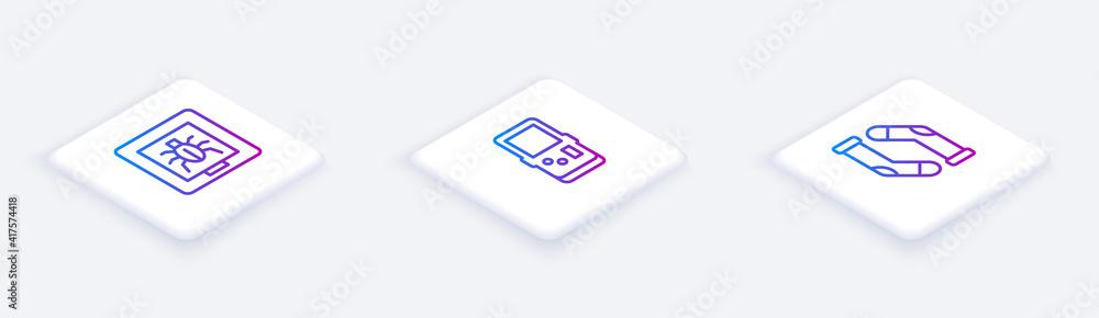 Poster set isometric line insects in a frame, tetris and socks. white square button. vector.