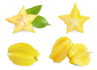 Set with delicious ripe carambola fruits on white background