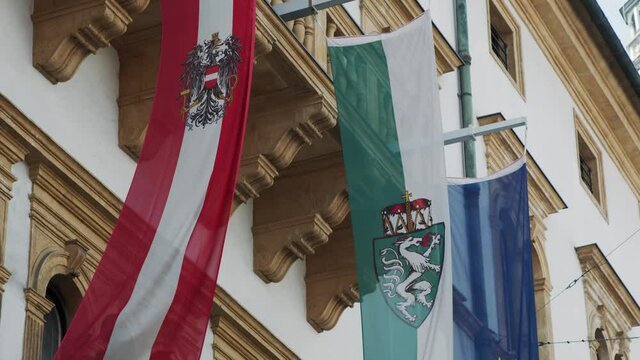 The flags of Austria, Styria and the EU at the Landtag in Graz