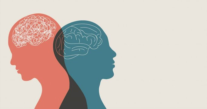 Metaphor bipolar disorder mind mental. Double face. Split personality. Concept mood disorder. 2 Head silhouette.Psychology. Mental health. Dual personality concept. Tangle and untangle
