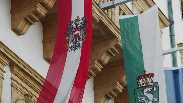 The flags of Austria, Styria and the EU at the Landtag in Graz