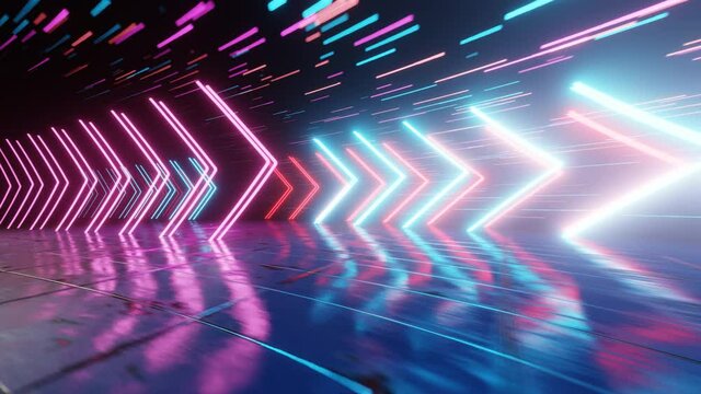 Neon Arrows move in space. Abstract fluorescent background. Hyperspace. Neon background. 4K loop animation.