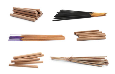 Set with aromatic incense sticks on white background