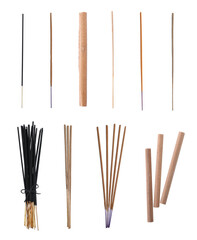 Set with aromatic incense sticks on white background