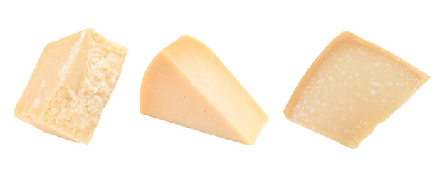 Set with pieces of delicious parmesan cheese on white background. Banner design